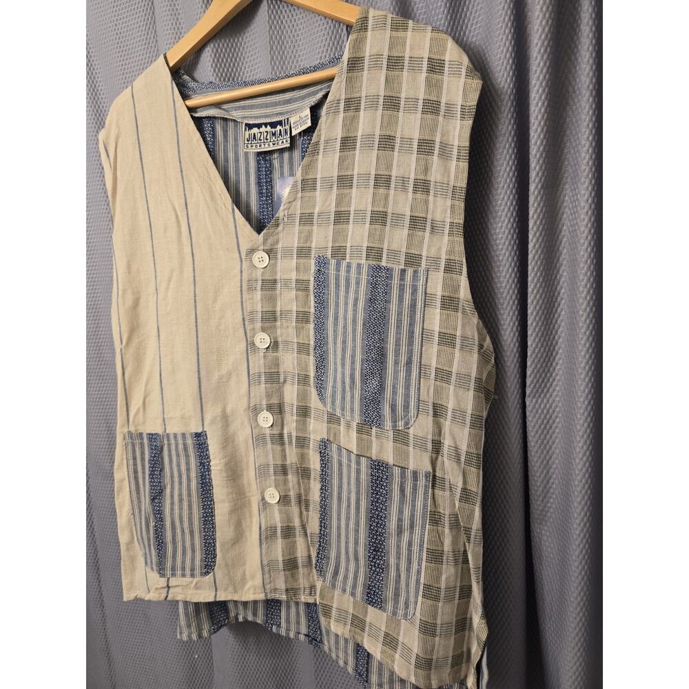Vintage Jazzman Sportwear Mens Vest Patchwork Blue Ivory Size L